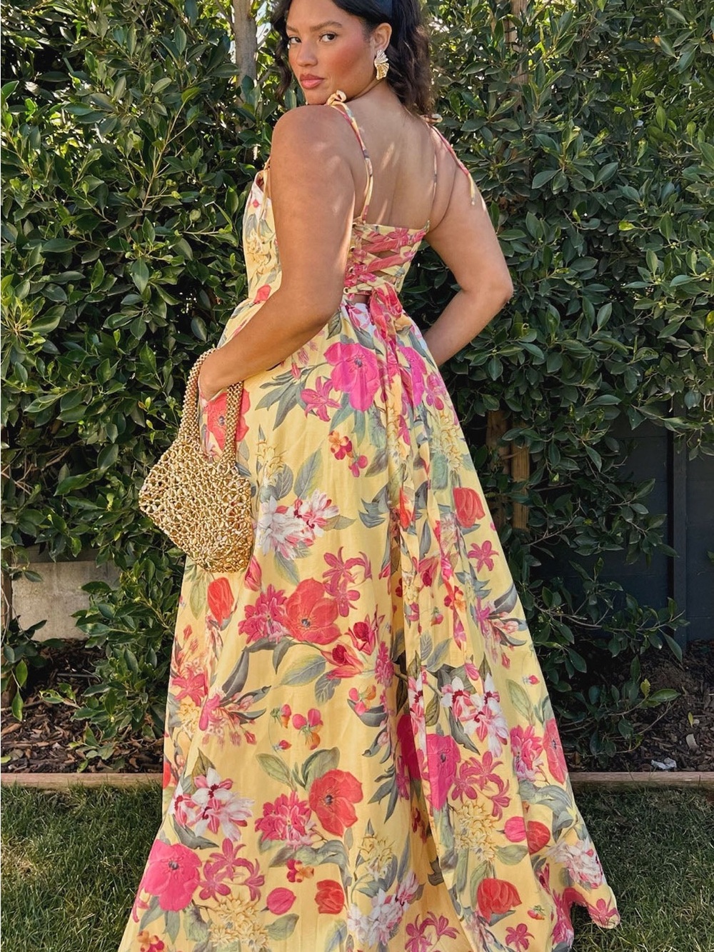 Show Me Your MuMu Yellow Maxi Dress with Pink Floral Print